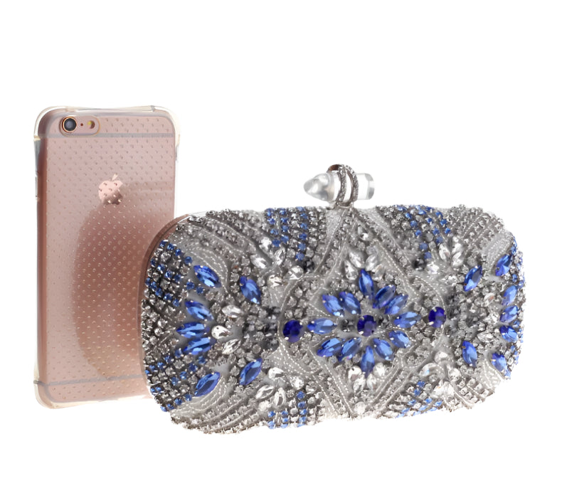 Women's Luxury Blue Evening Clutch – Crystal Chain Shoulder Bag!