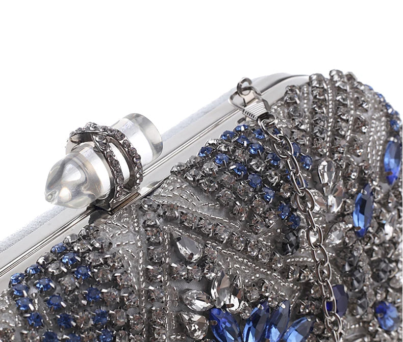 Women's Luxury Blue Evening Clutch – Crystal Chain Shoulder Bag!