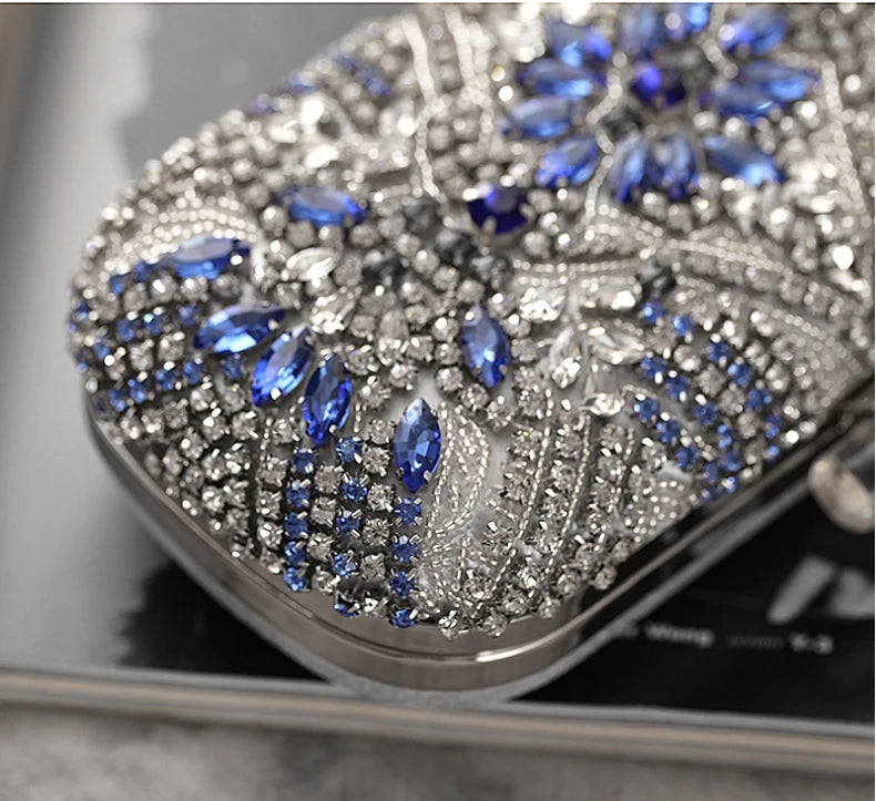 Women's Luxury Blue Evening Clutch – Crystal Chain Shoulder Bag!