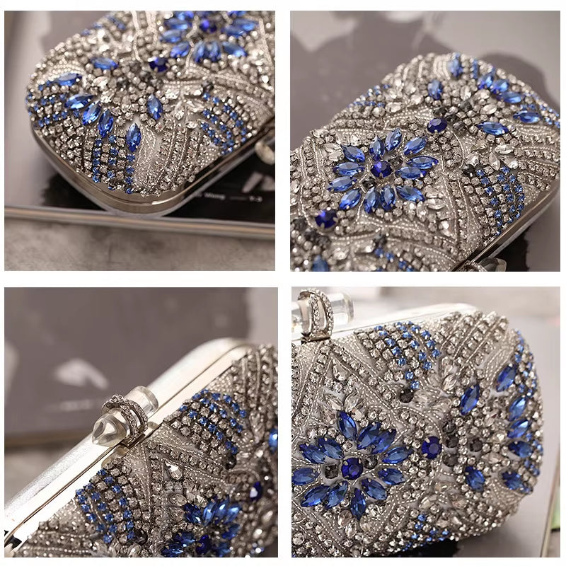 Women's Luxury Blue Evening Clutch – Crystal Chain Shoulder Bag!