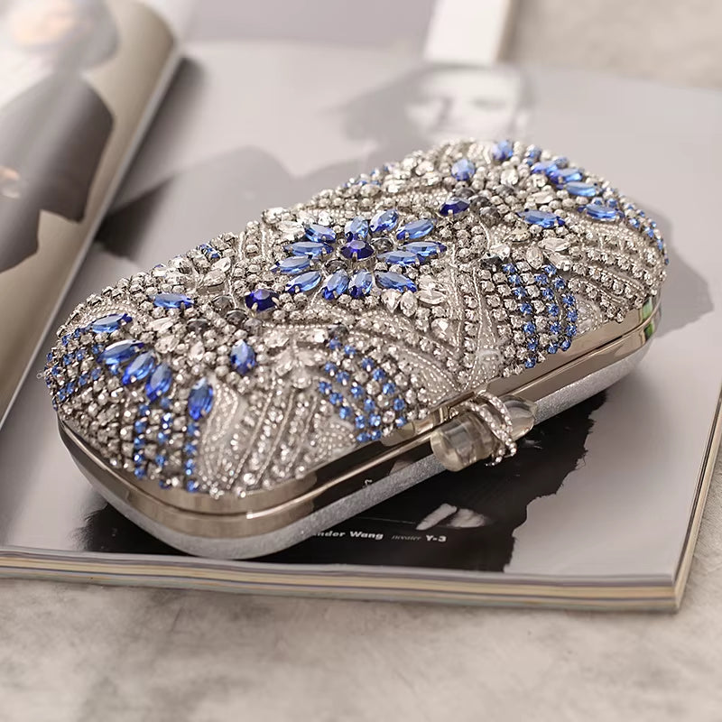 Women's Luxury Blue Evening Clutch – Crystal Chain Shoulder Bag!