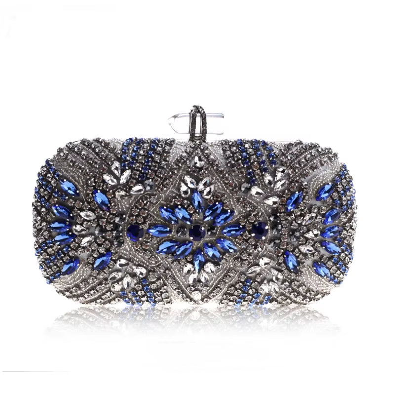 Women's Luxury Blue Evening Clutch – Crystal Chain Shoulder Bag!