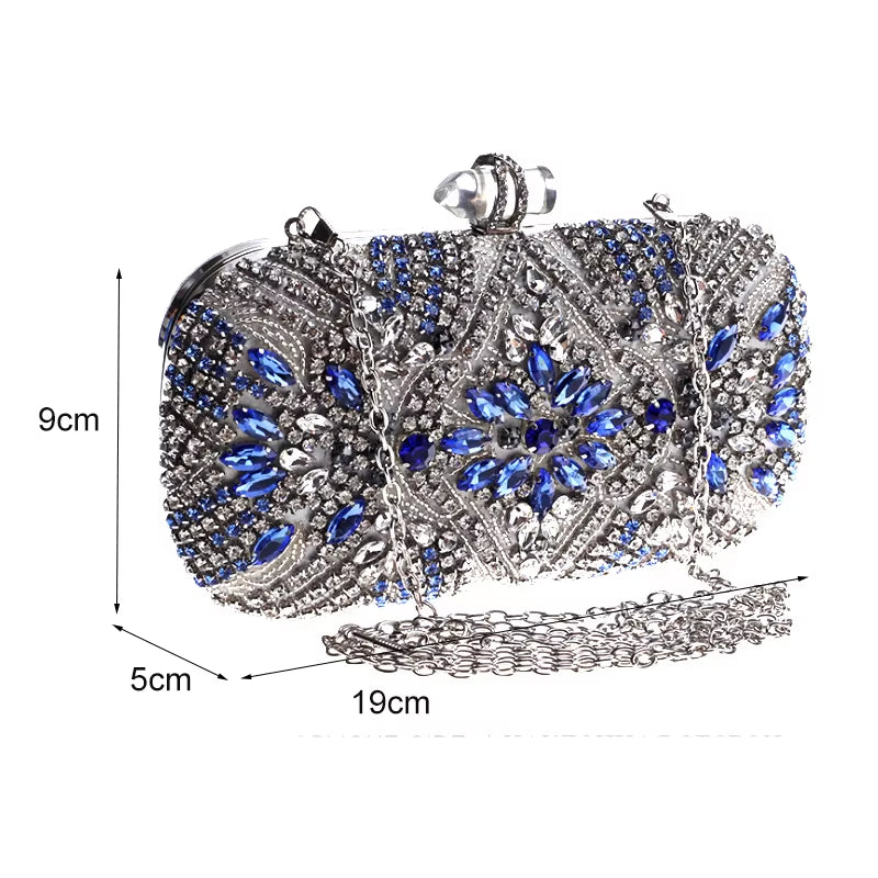 Women's Luxury Blue Evening Clutch – Crystal Chain Shoulder Bag!