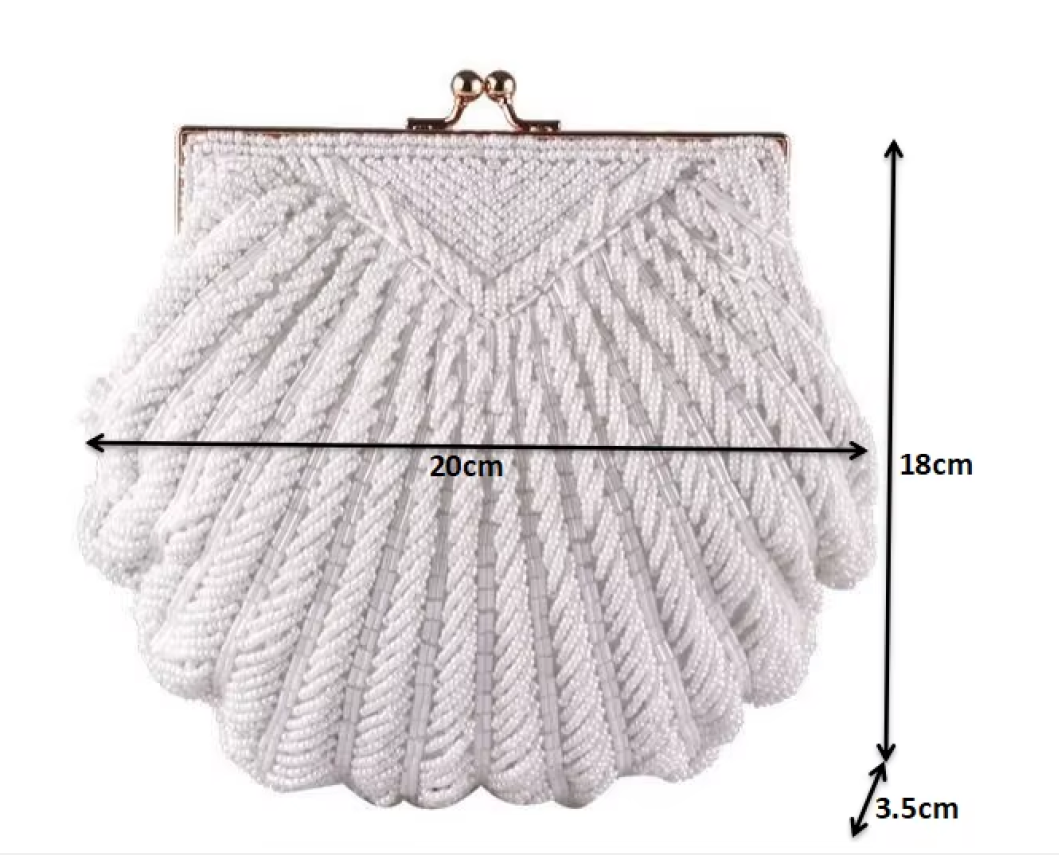 Elegant Pearl Beaded Evening Clutch Bag with Shell Chain – Perfect for Weddings, Parties & Special Events