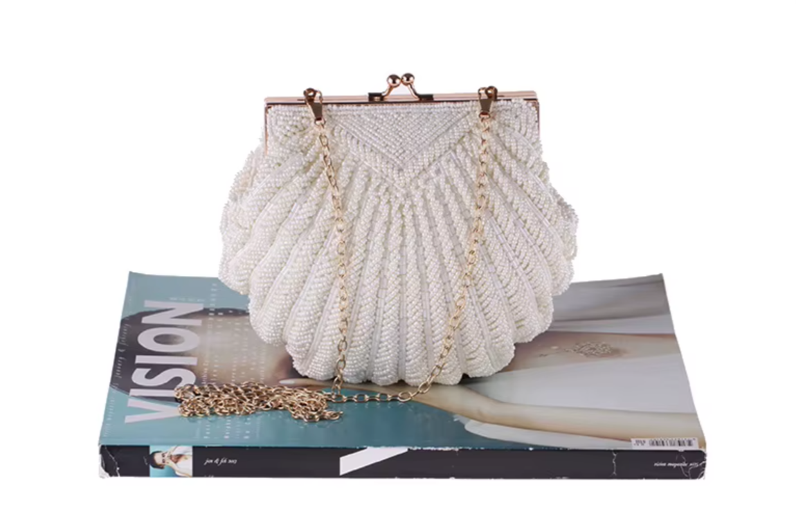 Elegant Pearl Beaded Evening Clutch Bag with Shell Chain – Perfect for Weddings, Parties & Special Events