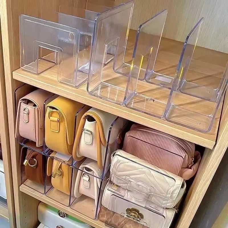 Clear Plastic Handbag Organizer – 4-Section Purse Storage & Display Stand for Closet Shelves