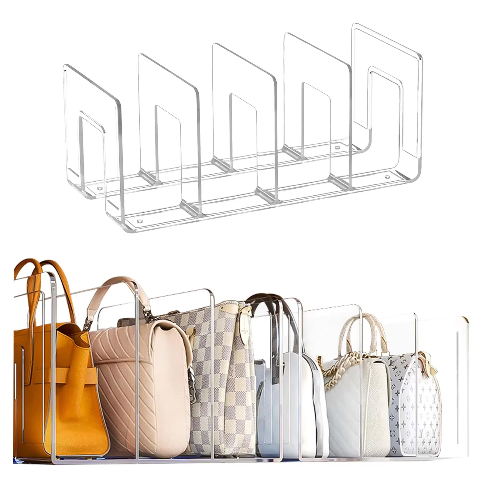 Clear Plastic Handbag Organizer – 4-Section Purse Storage & Display Stand for Closet Shelves