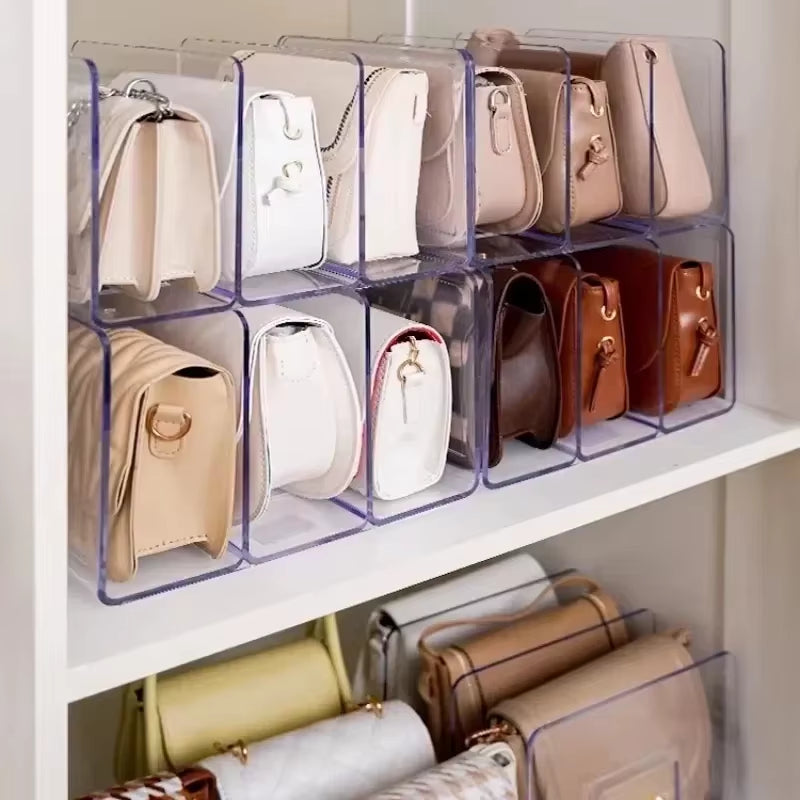 Clear Plastic Handbag Organizer – 4-Section Purse Storage & Display Stand for Closet Shelves